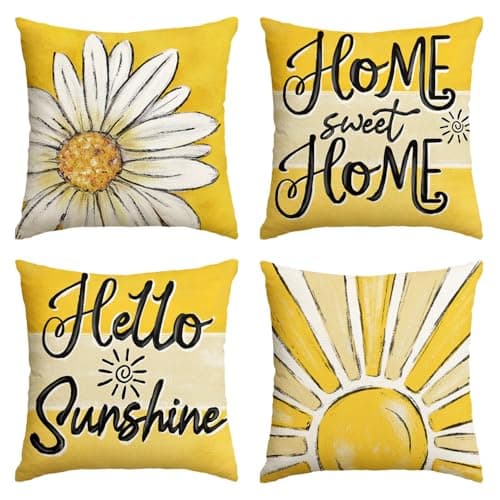 AVOIN colorlife Home Sweet Home Daisy Throw Pillow Covers, 18 x 18 Inch Spring Summer Flowers Hello Sunshine Cushion Case for Home Sofa Couch Set of 4 - Image 1