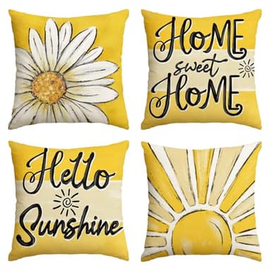 AVOIN colorlife Home Sweet Home Daisy Throw Pillow Covers, 18 x 18 Inch Spring Summer Flowers Hello Sunshine Cushion Case for Home Sofa Couch Set of 4 - Image 1