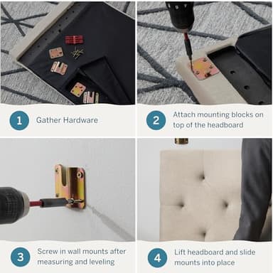 LUCID Mid-Rise Upholstered Headboard - Diamond Tufted - Padded Polyester - Adjustable Height from 34” to 46” - Easy Assembly - Bed Frame or Wall Mount - Sturdy - Pearl - Queen Size - Image 5