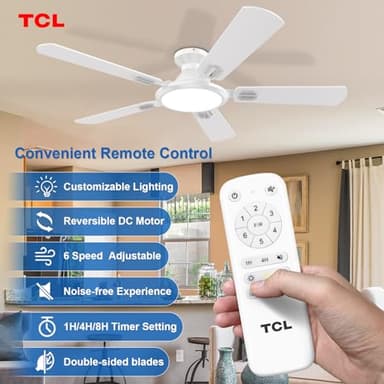 TCL Ceiling Fans with Lights, 52 Inch Low Profile Ceiling Fan with Light and Remote Control, Flush Mount, DC Reversible Motor, Noiseless, 6 Speeds Ceiling Fan for Bedroom (White) - Image 2