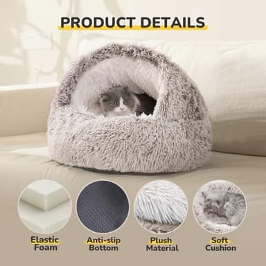 CATISM Cat Bed, Plush Hooded Cat Beds for Indoor Cats, Self Warming Cats Beds Cave, Cozy Pod for Indoor Kitten or Small Dog, Removable Washable with Non-Slip Bottom - Image 2