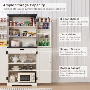 ACCOHOHO 72" Tall Kitchen Pantry, Farmhouse Storage Cabinet with Barn Doors, Organizer, Drawer and Adjustable Shelves, Rustic Wood Cupboard for Kitchen, Dining Room, Bathroom, Off White - Image 4