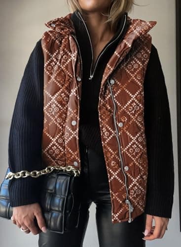 EVALESS Womens Fashion Cropped Puffer Vest Fall 2025 Lightweight Quilted Stand Collar Sleeveless Button Down Flower Jackets Winter Warm Coat Outerwear Gilet with Pockets Brown Medium - Image 2