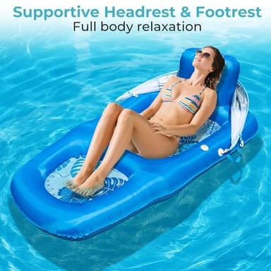 Fabric Covered Inflatable Pool Lounger Float Adult, 70"x39" Extra Large Pool Float w/ UPF50+ Sunshade Canopy & Cupholder Caddy, Water Floaties Raft Recliner Chair for Pool Party Lake Beach-Blue - Image 8