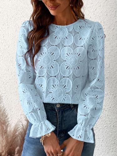 CUPSHE Women Eyelet Long Sleeve Tops Shirts Dressy Hollow Out Crochet Lace Embroidered Blouses 2025 Fashion Top Blue L - Image 5