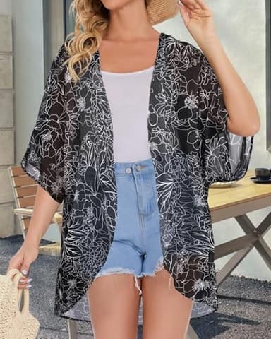 Womens Floral Kimono Cardigans Loose Puff Sleeve Casual Beach Coverups Tops (Black Brief Flowers,2XL) - Image 5