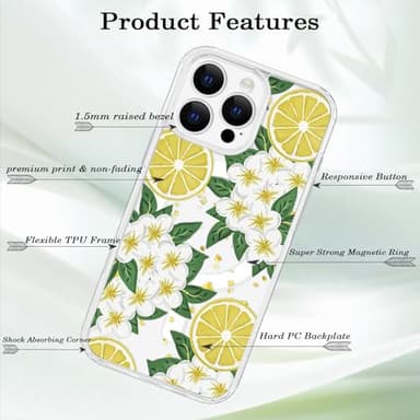 Tcaraersing for iPhone 16 Pro Max Flower Case Magnetic [Compatible with MagSafe] Floral Pattern Clear Shockproof [Hard PC Back Soft TPU Edge] Slim Cover for Girls Women iPhone 16 Pro Max, Lemon Flower - Image 7