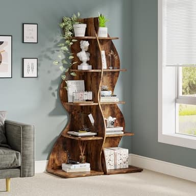 Tribesigns Corner Shelf, Rustic 5-Tier Wall Corner Bookshelf, Stylish Corner Small Bookcase Storage Rack Plant Stand with Unique Shape for Living Room, Home Office (2PCS, Brown) - Image 2