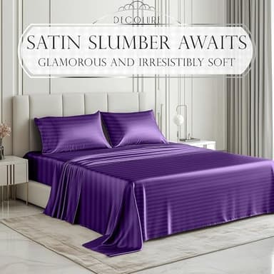 DECOLURE Satin Bed Sheets - 4 Piece Luxury Silky King Size Bedding Set - Softer Than Silk, Wrinkle-Free with 15” Deep Pocket Fitted Sheet, Perfect for Hair & Skin, Gifts for Women (Striped Purple) - Image 2