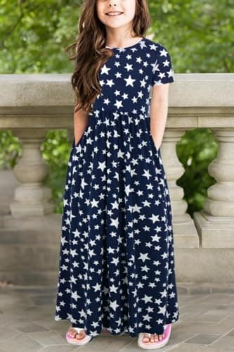 GORLYA Girl's Short Sleeve Floral Print Loose Casual Holiday Long Maxi Dress with Pockets 8 Years (7-8Years/Height:130cm, Navy Star) - Image 6