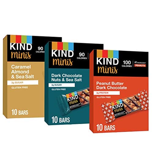 KIND Bar Minis, Variety Pack, Dark Chocolate Nuts and Sea Salt, Peanut Butter, Caramel Almond, Healthy Snacks, 3g Protein, Gluten Free, Low Sugar/Calorie Snacks, 30 Count - Image 1