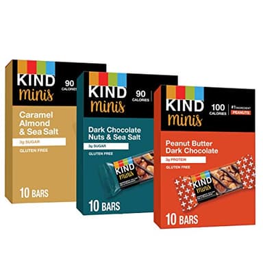 KIND Bar Minis, Variety Pack, Dark Chocolate Nuts and Sea Salt, Peanut Butter, Caramel Almond, Healthy Snacks, 3g Protein, Gluten Free, Low Sugar/Calorie Snacks, 30 Count - Image 1