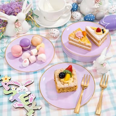 Festiva 200Pcs Purple Gold Dessert Plates 6.3" with Plastic Forks 5"- Disposable Lavender Purple Cake/Appetizer/Salad Plates - serve 100 guests for Party&Wedding&Easter - Image 6