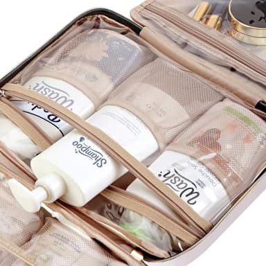 NISHEL Travel Toiletry Bag for women, Portable Hanging Organizer for Full-Sized Shampoo, Conditioner, Brushes Set, Makeup Accessories, Large Size, Pink - Image 6