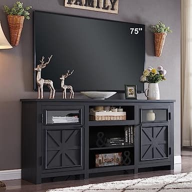 JXQTLINGMU Farmhouse TV Stand for 75 Inch TV, Entertainment Center with Storage, Rustic TV Cabinet with Barn Doors, 66" TV Console for Living Room, Adjustable Shelf - Black - Image 3