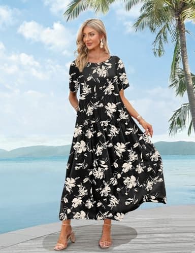 YESNO Women Casual Loose Bohemian Floral Dress with Pockets Short Sleeve Long Maxi Summer Beach Swing Dress L EJF CR346 - Image 2