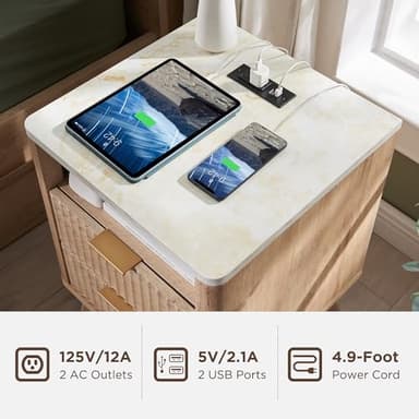 T4TREAM Fluted Nightstand with Charging Station, 18" Modern Side Table with Faux Marble Top, 2 Drawers End Table w/Storage, Bedside Table for Bedroom, Living Room, Curved Profile Design, Natural Oak - Image 4