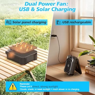 Camping Fan Battery Powered & Solar Powered, Portable Solar Fan 10000mAh Rechargeable Outdoor Fans with Light, Quiet Cordless Fans for Tent, RV, Emergency, Hiking, Power Outage, Desk, Survival Kit - Image 5