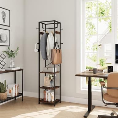 ELYKEN Coat Rack Freestanding, Hall Tree with 3 Storage Shelves and 12 Hooks, Industrial Clothes Rack Stand Organizer for Bedroom, Hallway, Entryway, Office, Living Room, Rustic Brown - Image 5