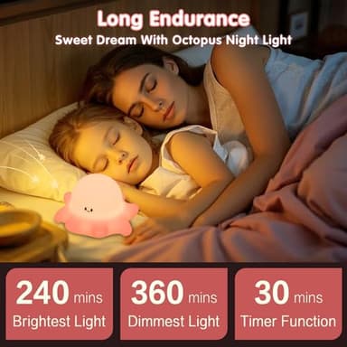 YR YRHH-PET Pink Octopus Night Light,LED Squishy Novelty Animal Cute Lamp, Food Grade Silicone Nightlight, 3 Level Dimmable, Light Up Octopus Decor for Room College Dorm, Boy Girl Gifts - Image 2