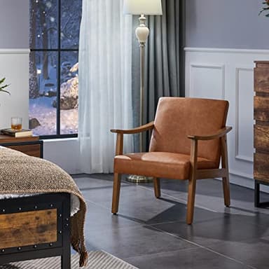 Yaheetech PU Leather Accent Chair, Mid-Century Modern Armchair with Solid Wood Legs, Reading Leisure Chair with High Back for Living Room Bedroom Waiting Room, Light Brown - Image 2