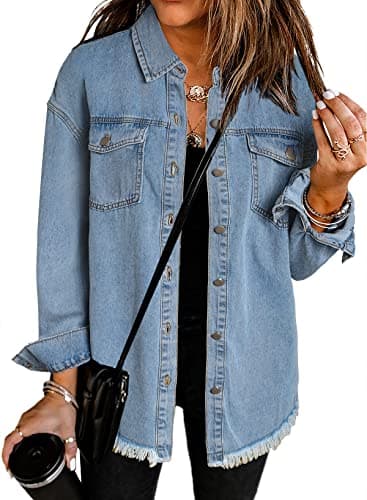Dokotoo Womens Washed Boyfriend Oversized Lapel Button Up Long Sleeve Denim Trucker Jacket Distressed Ripped Denim Jackets Fashion Distressed Jean Jacket for Women with Pockets, (US 8-10) M,Sky Blue - Image 1