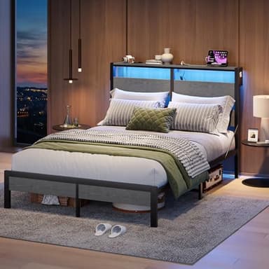 Bestier Queen Bed Frame with Storage Headboard and Charging Station, Grey Platform Bed Frame with LED Light, Non-Slip Metal Bed Frame, Noise-Free, Easy Assembly - Image 9