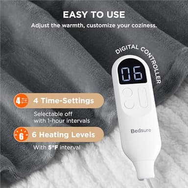 Bedsure Heated Blanket Throw Blanket - Fast Heating Electric Blanket, GentleSoft Flannel Heated Throw with 4 Time Settings, 6 Heating Settings, Warm Gifts for Grandma (50x60 inches, Grey) - Image 4