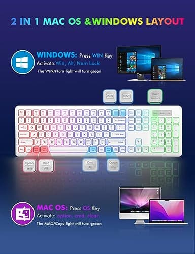 Wireless Keyboard and Mouse - RGB Backlit, Rechargeable & Light Up Letters, Full-Size, Ergonomic Tilt Angle, Sleep Mode, 2.4GHz Quiet Keyboard Mouse for Mac, Windows, Laptop, PC, Trueque(White) - Image 6