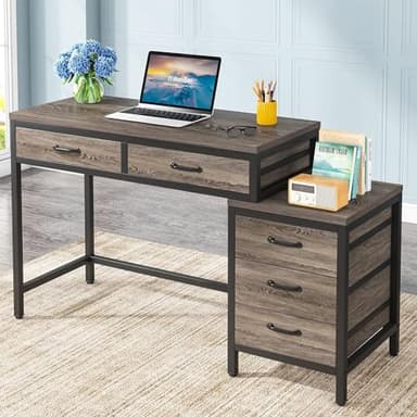 Tribesigns Computer Desk with 5 Drawers, Home Office Desks with Reversible Drawer Cabinet Printer Stand, Industrial PC Desk with Storage, Grey Study Writing Table Workstation for Small Spaces - Image 8
