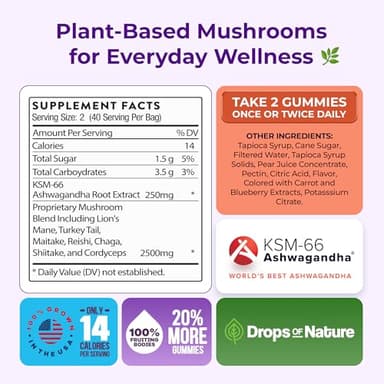 Ashwagandha Gummies and Lions Mane Mushroom Gummies Supplement - Organic - Reishi, Cordyceps, Turkey Tail, Maitake, Shitake, Chaga - Immune Defense, Boosts Cognitive Performance, Vegan, Low Carb - Image 5