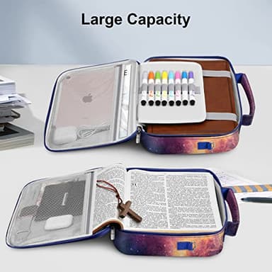 FINPAC Large Bible Cover w/Shoulder Strap, Carrying Book Case Church Bag Bible Protective w/Pen Slots and Zippered Pocket, Gift for Women Lady, Galaxy - Image 7