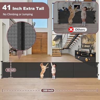 Reinforced 41" Extra Tall Pet Gate, 200" Retractable Baby Gates Extra Wide Retractable Dog Gate with Support Rods, Indoor Extra Long Baby Gate Retractable Fence Outdoor Garage Gates for Dogs, Black - Image 3