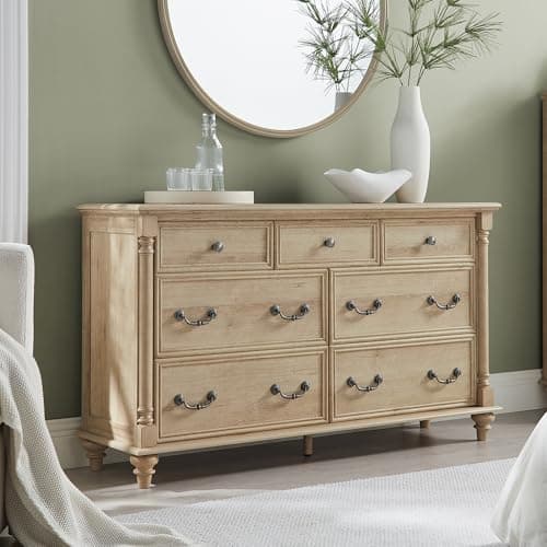 T4TREAM Farmhouse 7 Drawers Dresser Chests for Bedroom with 4 Solid Wood Feet, Tall Wide Wood Country Rustic Chest of Drawers, Storage Dressers for Bedroom, Living Room,Natural Oak - Image 1