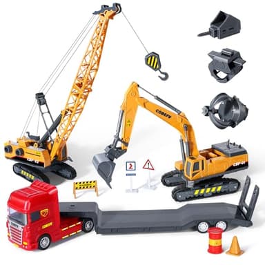 Kids Construction Toys for Boys, Playset of Excavator Toy, Crane Toy & Semi Truck Toy Tractor Lowboy Trailer, Construction Trucks for Toddler, Ideal Birthday Party Favor Gift for 3 Years Old and Up - Image 1