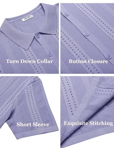 COOFANDY Men's Knit Button Down Shirts Vintage Short Sleeve Polo Shirt Fashion Casual Summer Beach Shirts Lilac - Image 6
