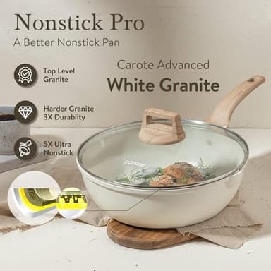 CAROTE 12Inch Nonstick Deep Frying Pan with Lid, 5.5 Qt Jumbo Cooker Saute Pan with Pour Spout, Skillet Induction Cookware, Non Stick Cooking Pan Kitchen Pan PFOA Free, White Granite - Image 7