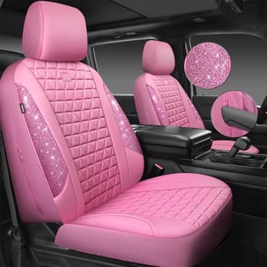 CAR PASS Bling Diamond Pink Leather Car Seat Covers for 2 Front Seats Protector, Waterproof Shining Glitter Sparkly Crystal Universal Armrest Fit Automotive Truck SUV Cute Women Girl, Pink Rhinestone - Image 6
