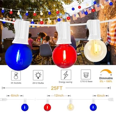 G40 Red White and Blue Lights,25Ft Fourth of July Light with 27 G40 LED Red White and Blue Bulbs(2 Spare),Waterproof Outdoor Hanging Patio Lights for Independence Day Memorial Day Party Decor - Image 2