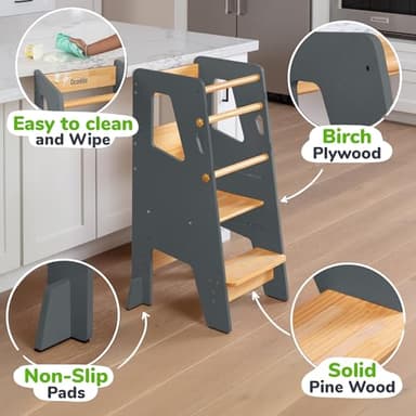 Toddler Standing Tower - Adjustable Height Toddler Kitchen Stool Helper - Ideal Kids Kitchen Step Stool for Learning New Skills - Updated Design with Safety Feet - Gray - Image 6