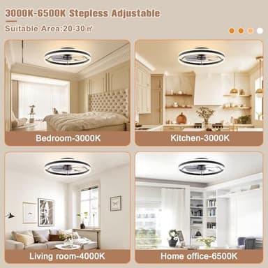 VOLISUN Low Profile Ceiling Fans with Lights and Remote, 23.6in Flush Mount Ceiling Fans with Light, 3000K-6500K Dimmable Fandelier LED Fan Light, Black Bladeless Ceiling Fans with Lights for Bedroom - Image 2