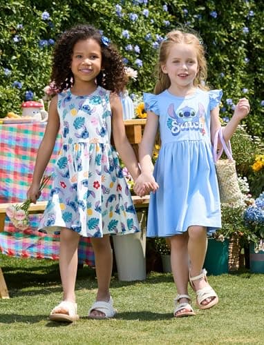 Disney Lilo & Stitch Toddler Girl Dresses 2 Pack White Sleeveless and Ruffle Sleeve Tropical Fruit Print Dress Set Hawaiian Summer Beach Clothes 12-13 - Image 2