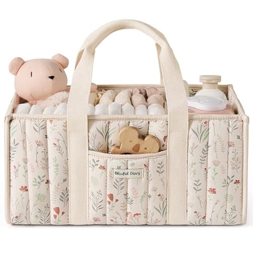 Blissful Diary Floral Diaper Caddy Organizer, Stylish Nursery Storage Basket, Gift for Baby Shower, Newborn Essentials, Floral Beige - Image 1