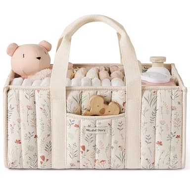 Blissful Diary Floral Diaper Caddy Organizer, Stylish Nursery Storage Basket, Gift for Baby Shower, Newborn Essentials, Floral Beige - Image 1