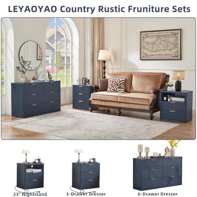LEYAOYAO 23" Wide Fluted Night Stand with Charging Station, 3 Drawers Large End Table with Storage, Navy Blue Nightstand Wood Bedside Tables, Farmhouse Cabinet Dresser for Bedroom,Closet - Image 5