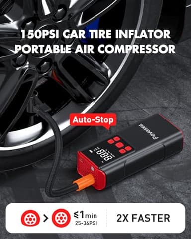 Tire Inflator Portable Air Compressor Povasee 150PSI Portable Air Pump for Tires Cordless Car Tire Inflator with LCD Display,Flashlight, 2X Tire Pump Faster suit for Cars Bikes Motorcycle Ball - Image 3