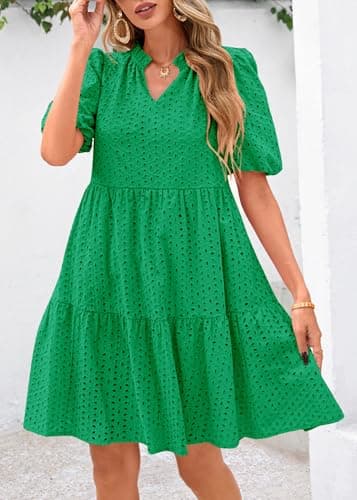 KIRUNDO Eyelet Summer Dresses for Women 2025 Mini Casual Hollow Out Short Sleeve Lace Tiered V Neck Shift Dress Pockets(Green, Medium) - Image 4