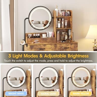Vabches Makeup Vanity Desk with Round Mirror and Lights, Vanity Makeup Table with 2 Drawers, Small Vanity Table for Bedroom with Lots Storage (Brown with Charging, 15.75 * 31.5 * 53.6in - Image 5