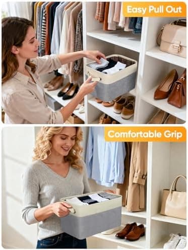 BALEINE 3 Pack Fabric Storage Bins for Shelves, Linen Storage Baskets for Organizing, Decorative Closet Bins for Clothes, Home (Grey, 15"x11"x9.5" - Image 6