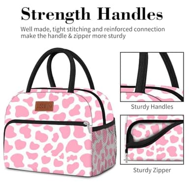 Coobiiya Lunch Bag Women, Lunch Box for Women Adult Men, Small Leak-proof Cute Lunch Tote Large Capacity Reusable Insulated Cooler Lunch Container for Work/Office/Picnic/Travel-Pink Cow - Image 4